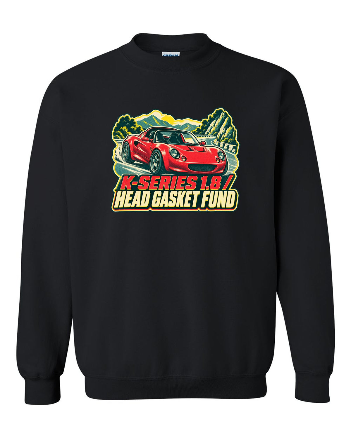 Lotus Elise S1 risograph print with K-Series 1.8 head gasket fund lettering black crewneck front view with the design