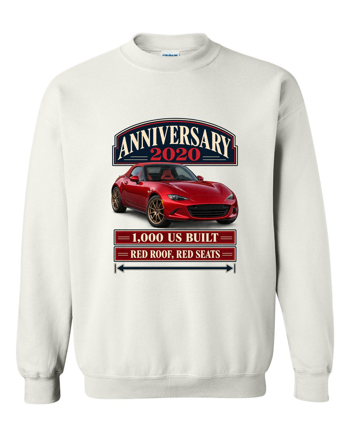 Archive panel layout of a 2020 Mazda MX-5 ND 100th Anniversary Edition with red roof and seats white crewneck front view with the design