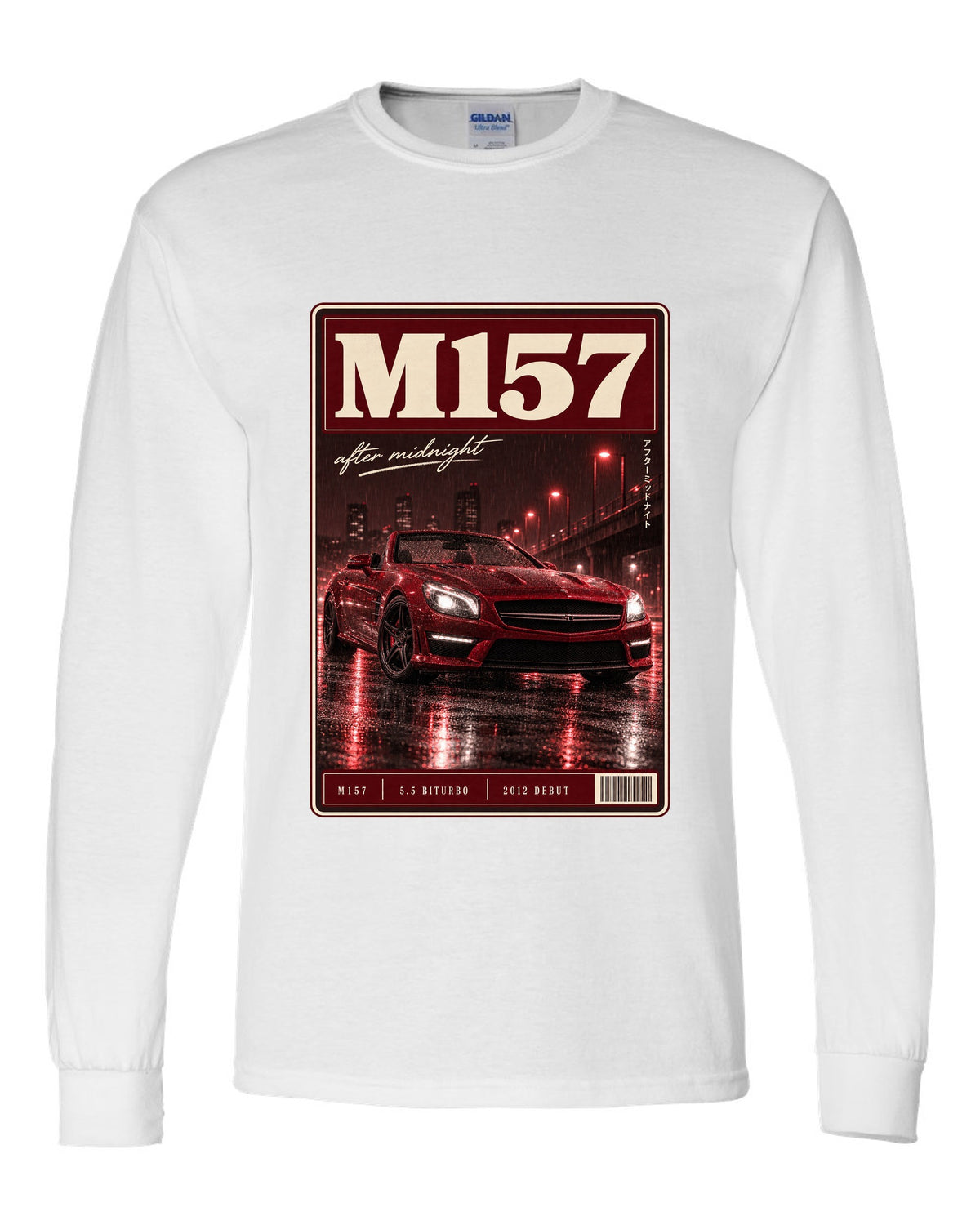 Mercedes-Benz SL63 R231 low front three-quarter night street scene in red monochrome white long sleeve front view with the design