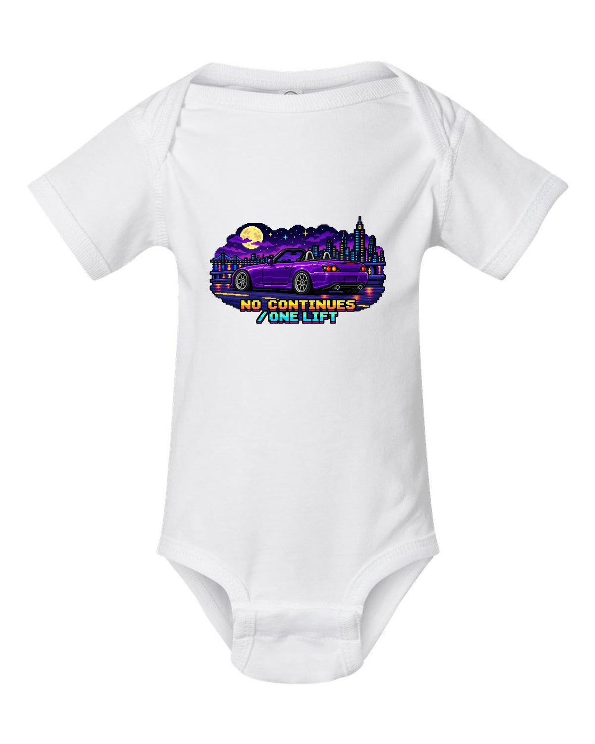 16-bit pixel art Honda S2000 AP2 roadster print with no continues one lift text white baby onesie front view with the design