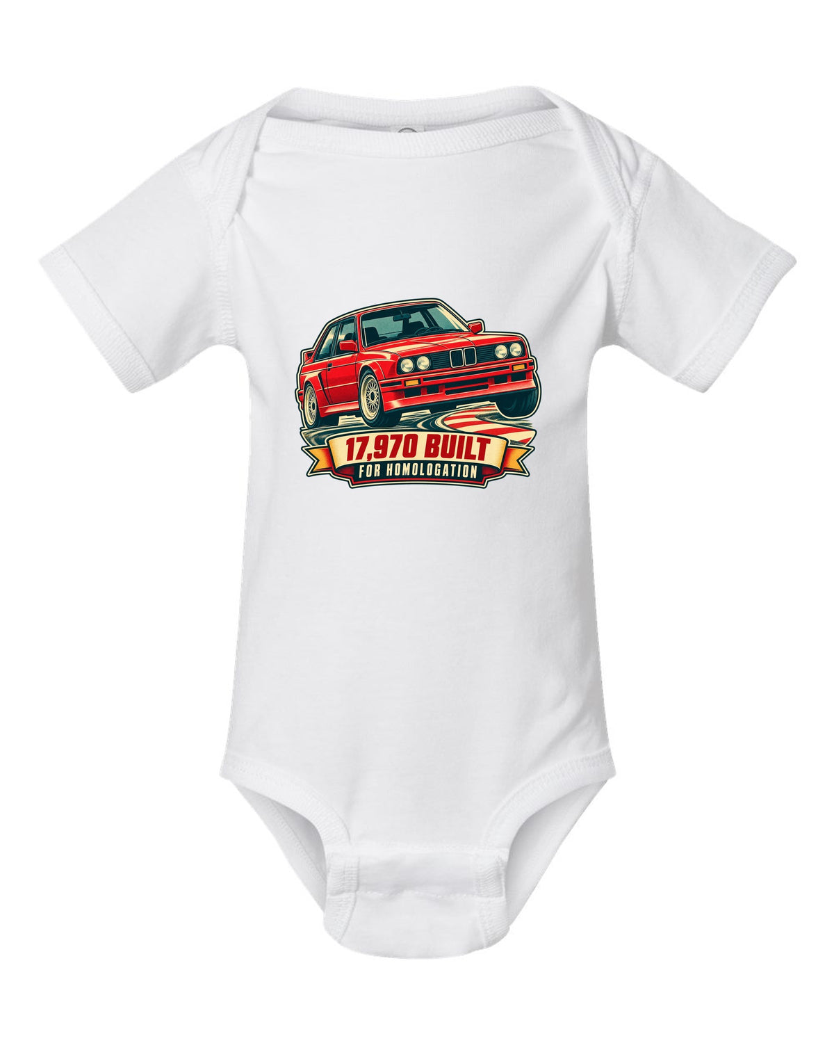 Vintage race poster print of a BMW E30 M3 at a hairpin with 17,970 built text white baby onesie front view with the design
