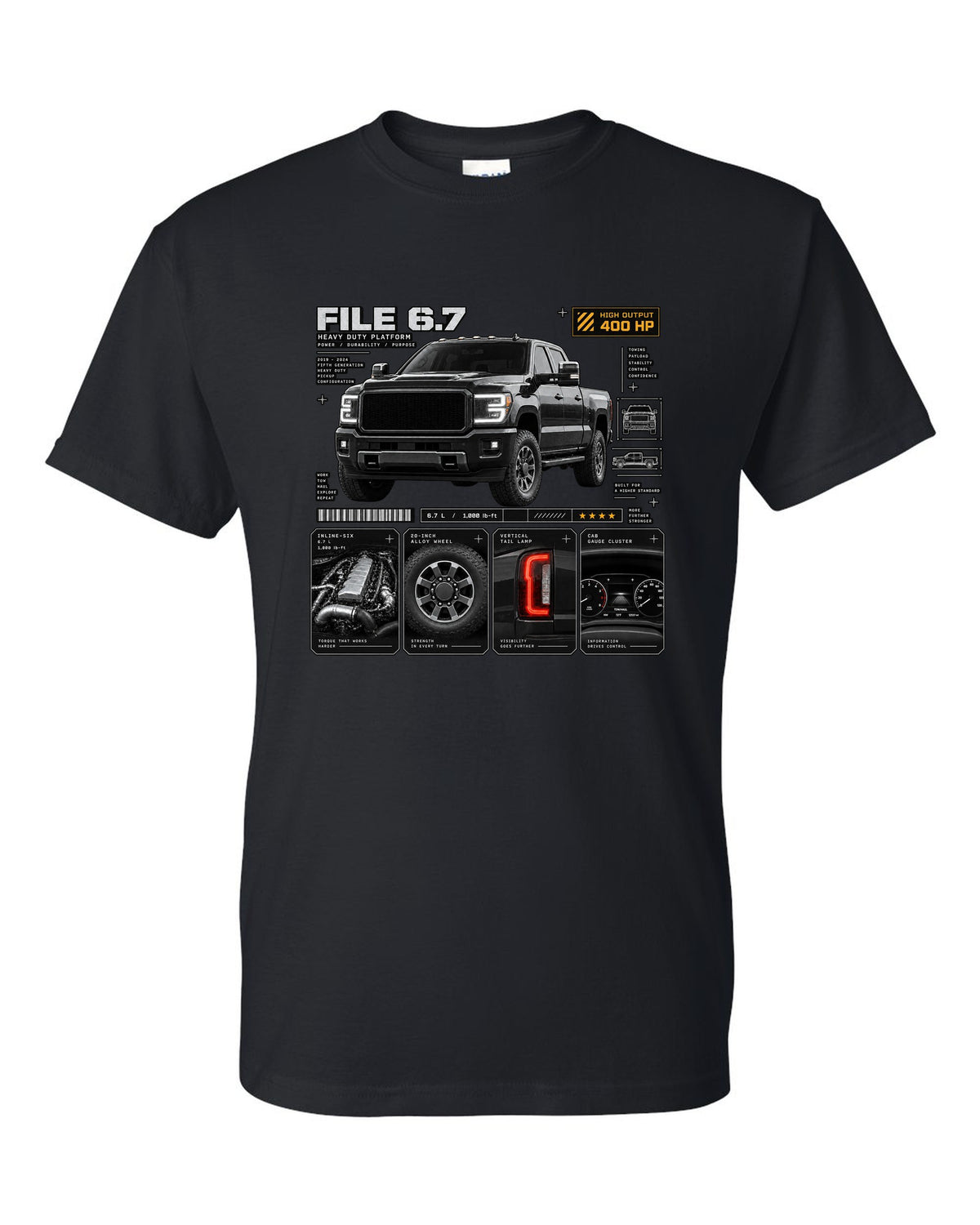 Dossier print of a 2019-24 Ram HD 2500 5th gen in a three-quarter front view black t-shirt front view with the design