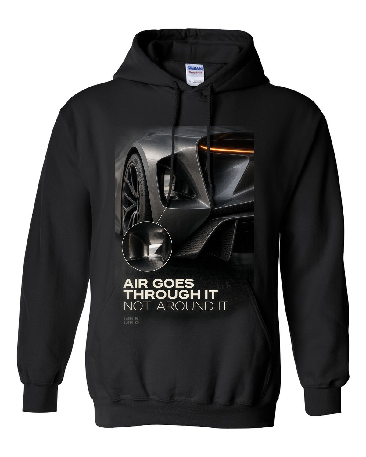 Lotus Evija rear three-quarter tunnel macro print with air goes through it text black pull over hoodie front view with the design