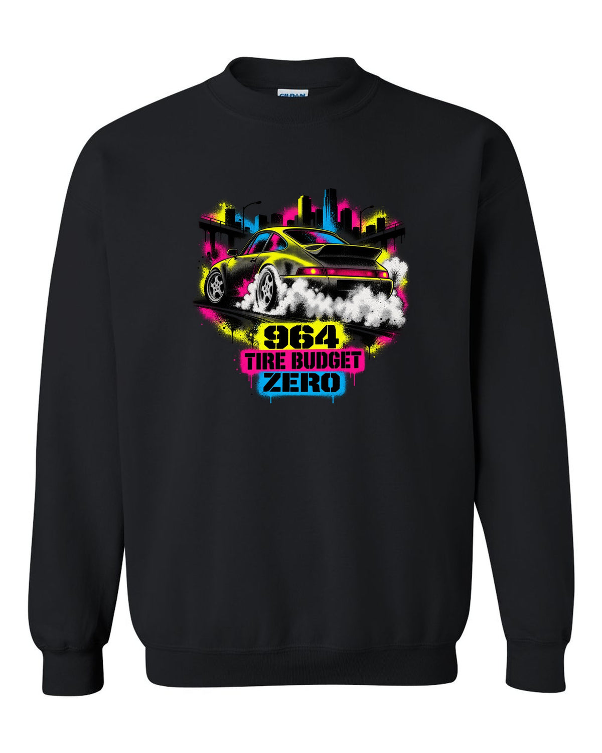 Street-art stencil print of a Porsche 911 Carrera 4 964 with the text 964, tire budget, zero black crewneck front view with the design