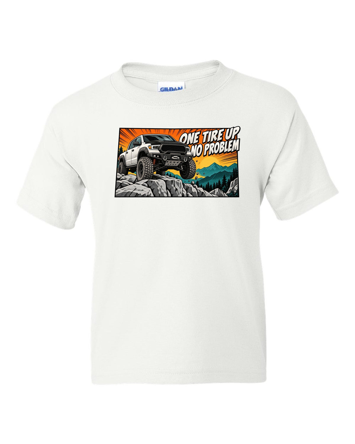 Retro manga halftone print of a Ram Power Wagon 2500 4x4 with one tire up on a ledge white kids tee front view with the design