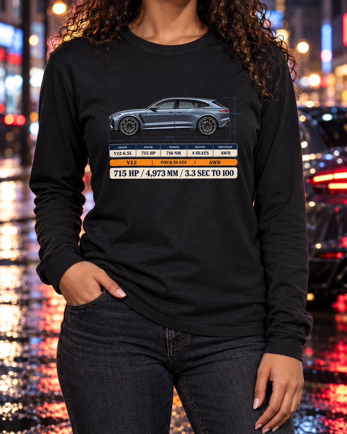 Ferrari Purosangue Spec Poster print Tee, 715 HP Long Sleeve Black worn hero