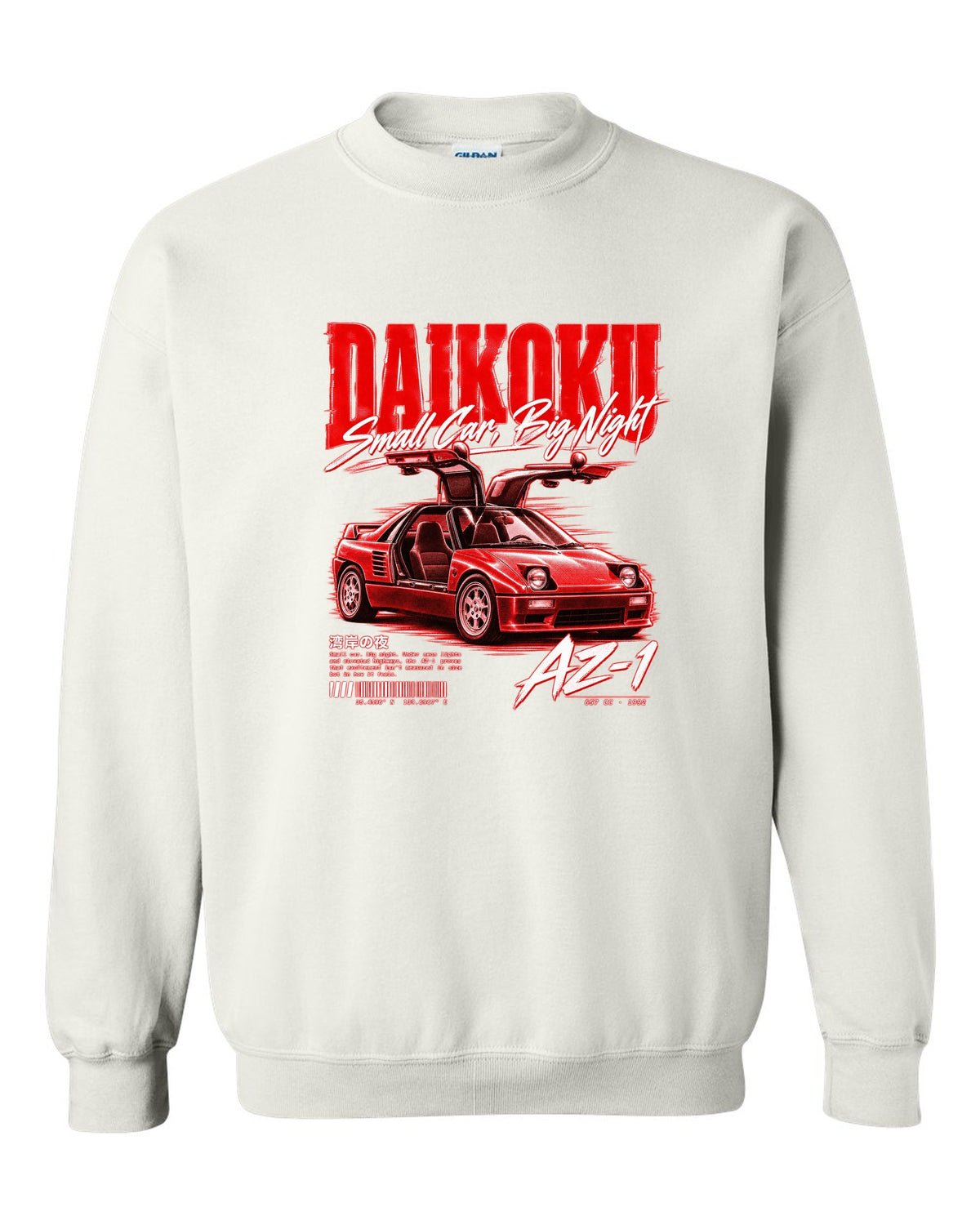 Street poster print of a Mazda AZ-1 PG6SA gull-wing kei car at Daikoku white crewneck front view with the design