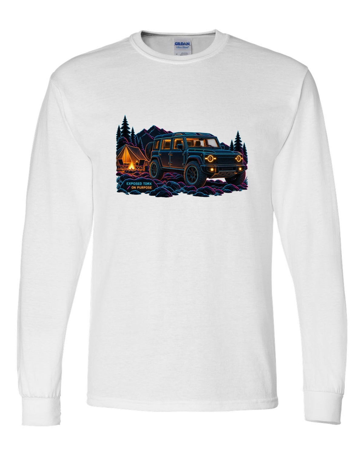 Neon line art print of a Land Rover Defender L663 110 at night camp with Exposed Torx text white long sleeve front view with the design