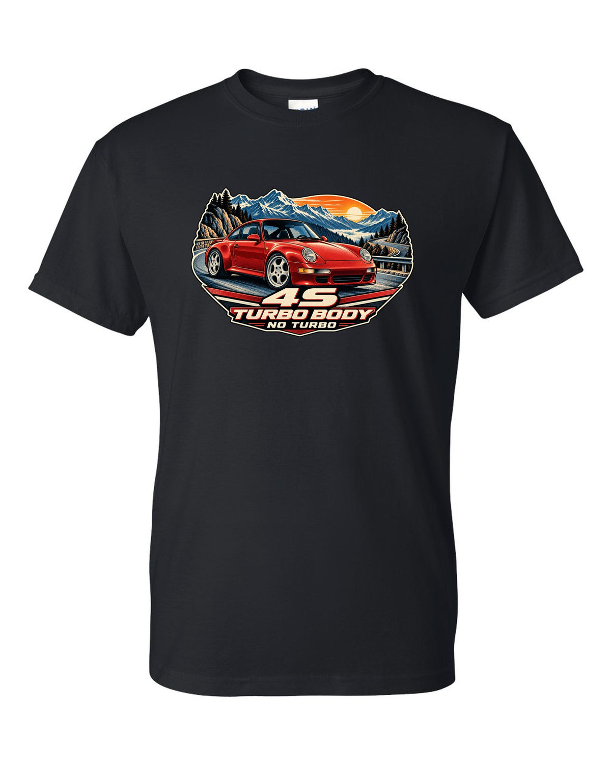 Shield crest print of a 1973 Porsche 911 Carrera RS 2.7 ducktail with the text RS 2.7, 210 PS and 975 KG black t-shirt front view with the design