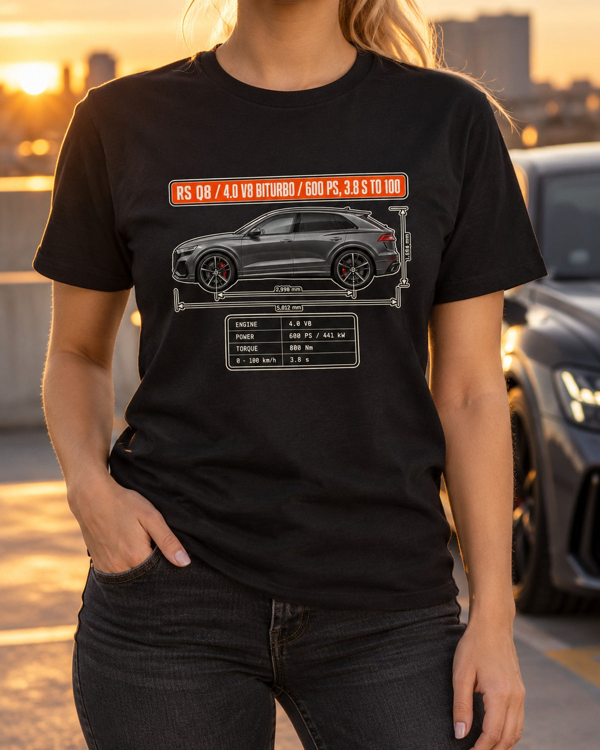 Audi RS Q8 Blueprint Graphic Tee, 4.0 V8 Biturbo Car Shirt T-Shirt Black worn hero