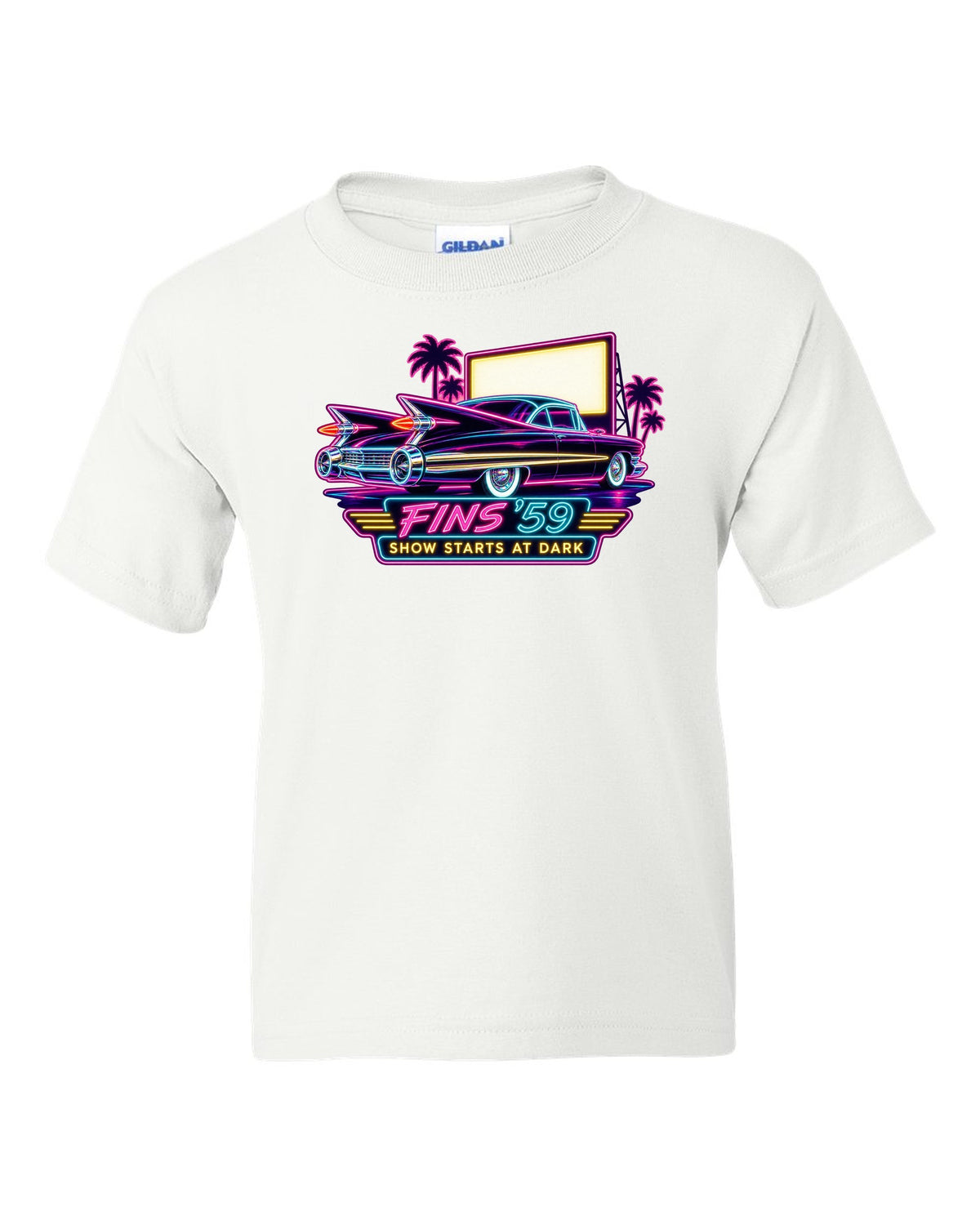 1959 Cadillac Coupe de Ville under neon sign glow at a night drive-in white kids tee front view with the design