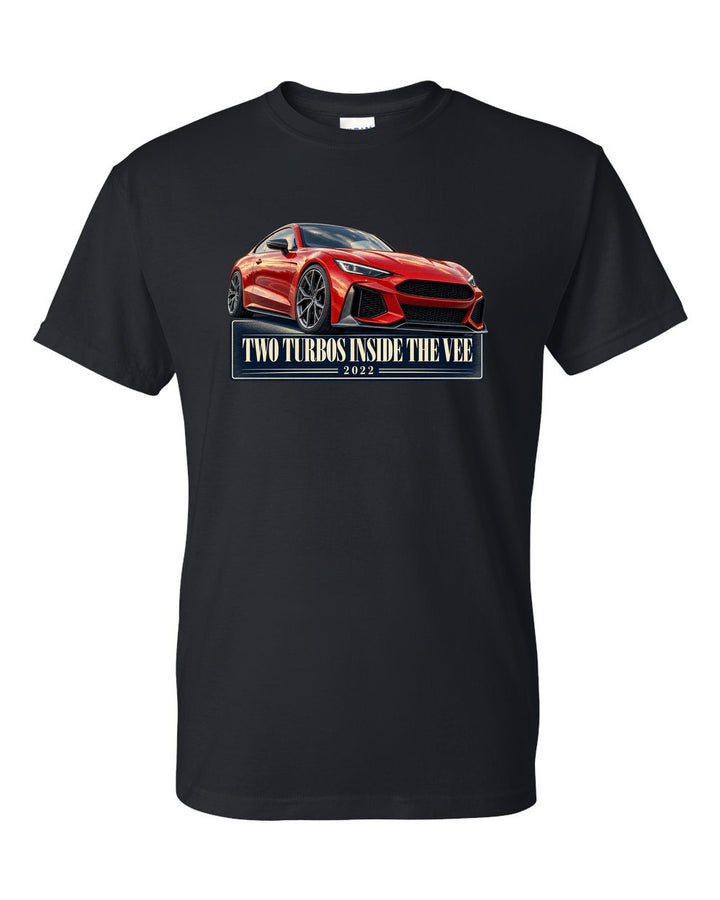 Ferrari 296 GTB editorial headline print, two turbos inside the vee, 2022 black t-shirt front view with the design