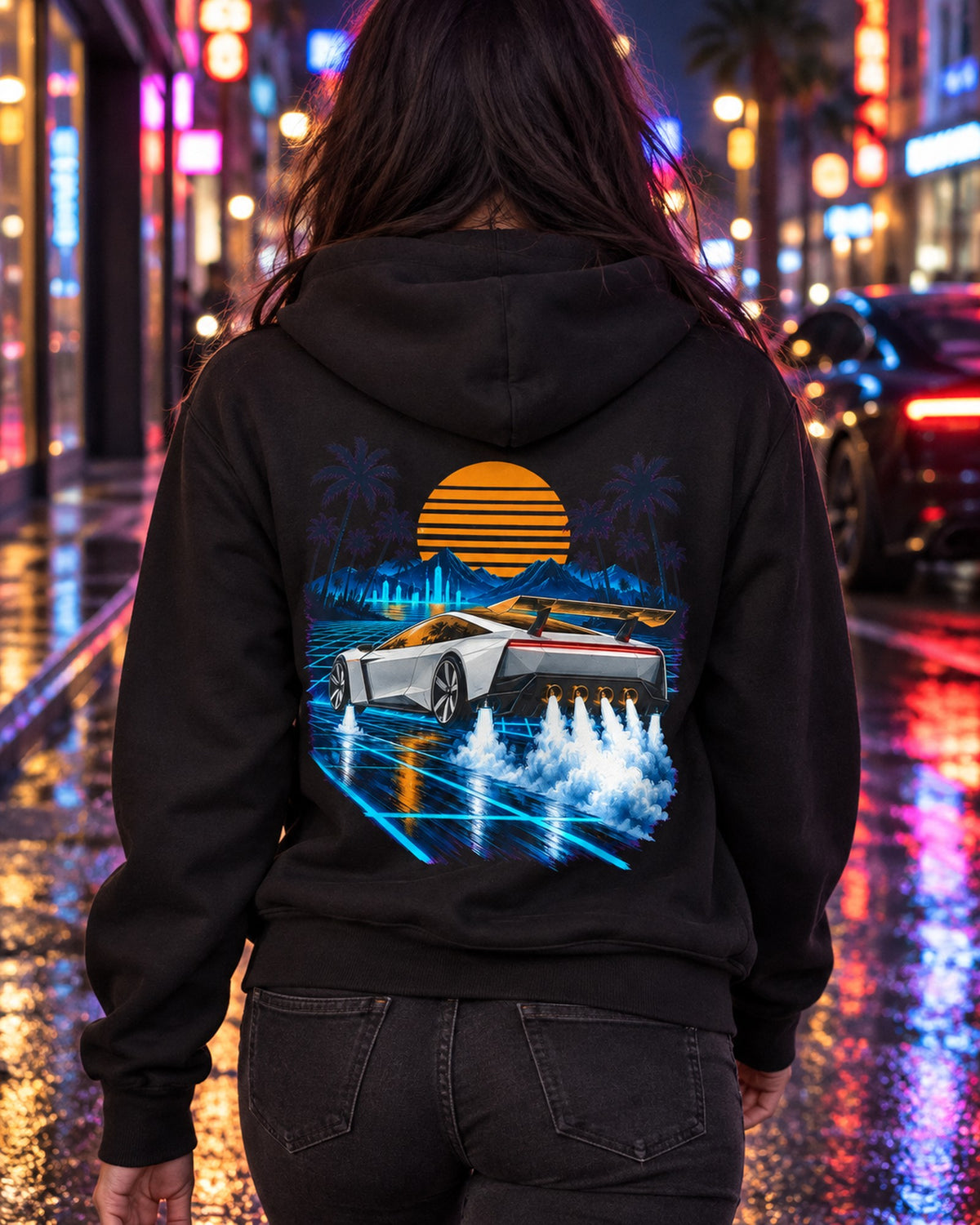 Tesla Roadster Synthwave Shirt, Hoodie & More Zip Hoodie Black worn hero