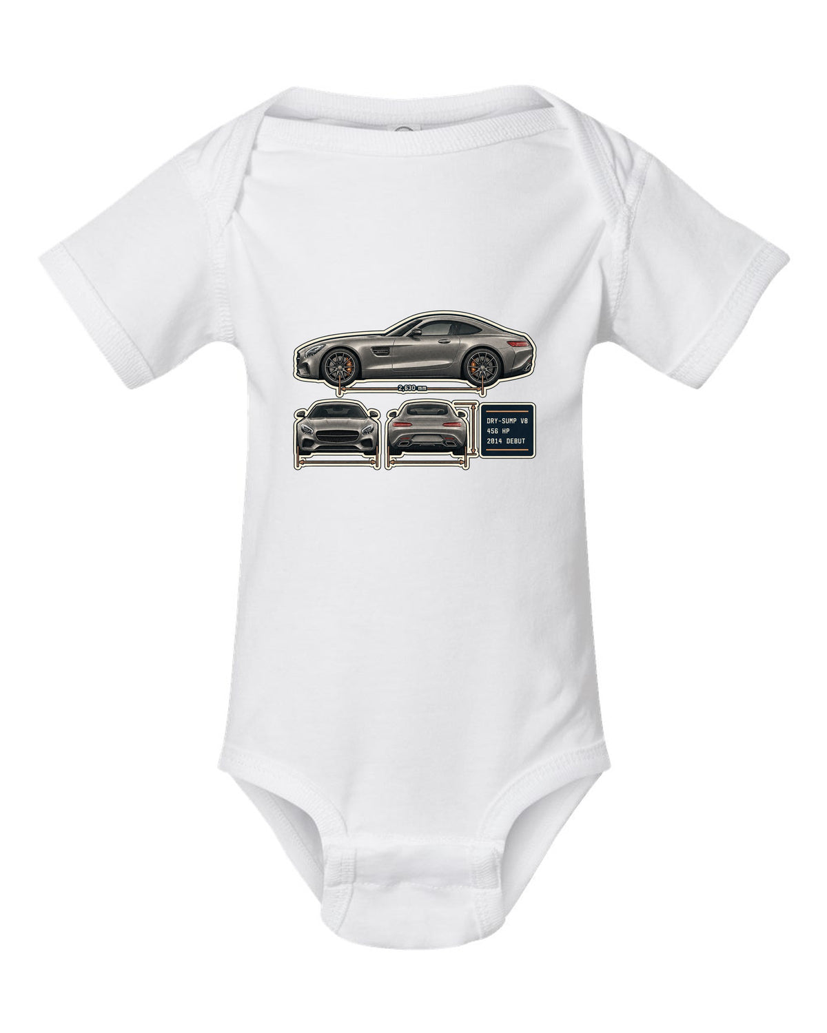 Mercedes-AMG GT C190 three-view and spec table print white baby onesie front view with the design