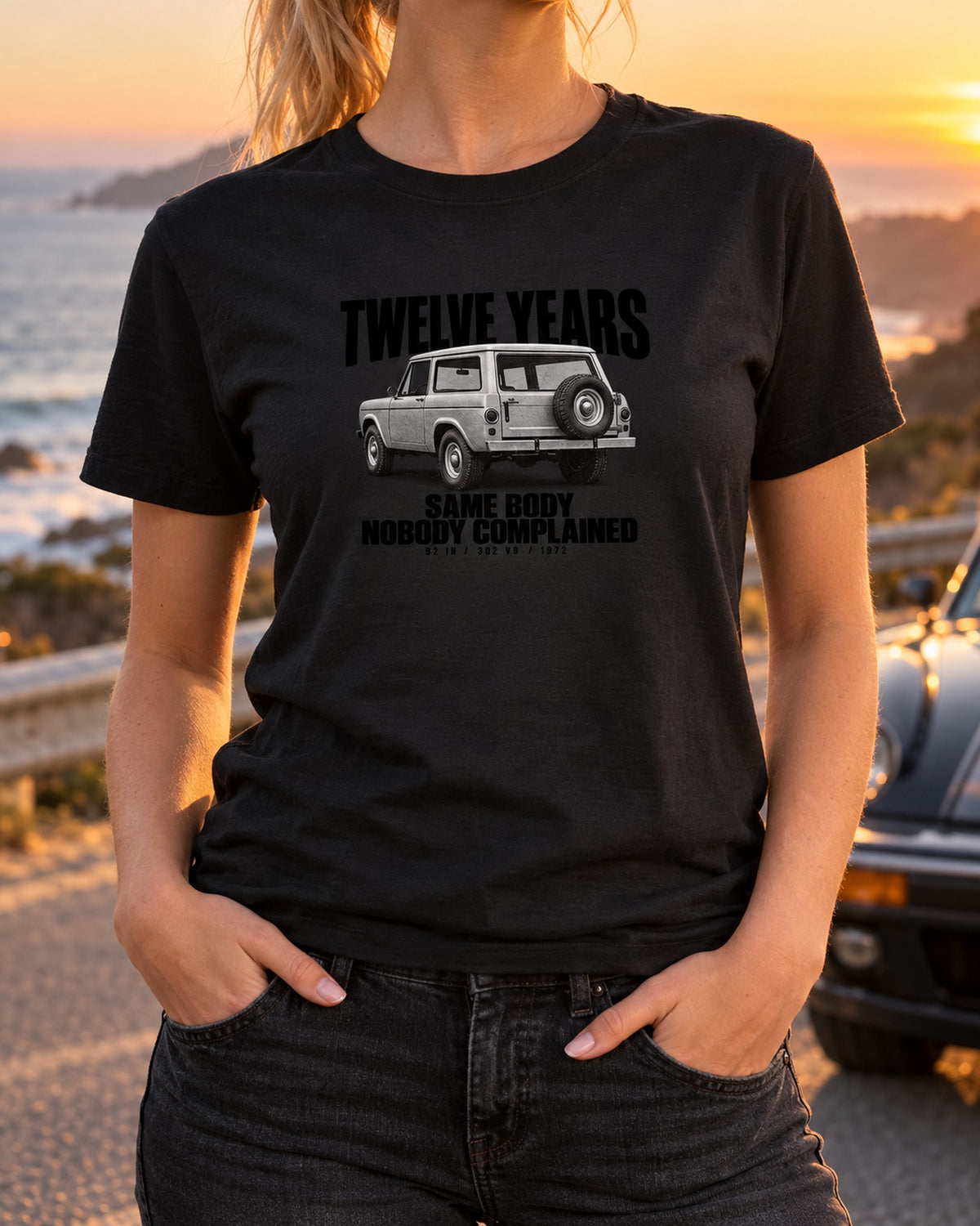 Early Ford Bronco U15 Wagon Halftone Shirt, 1966-77 Bronco T-Shirt Black worn hero
