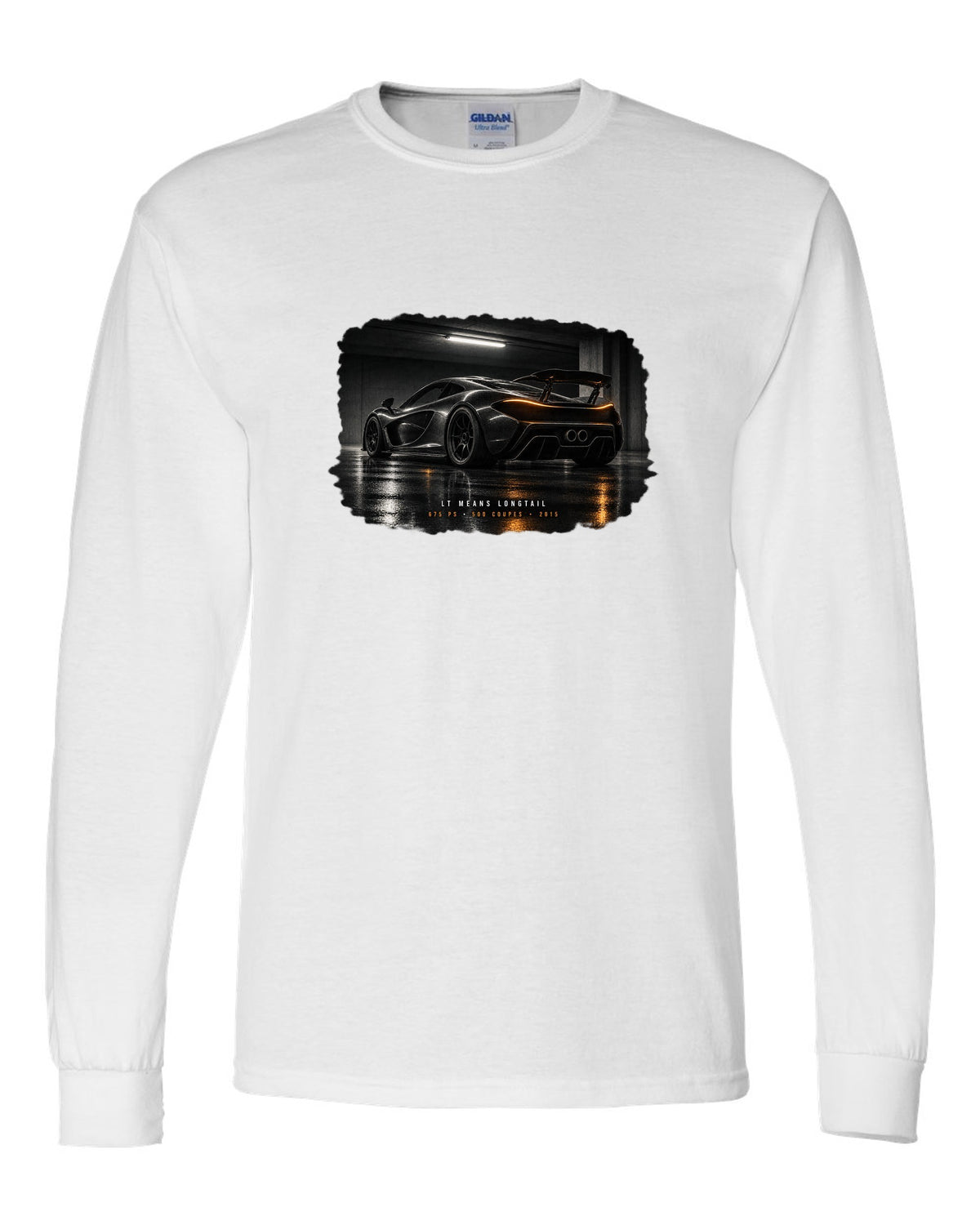 Garage night print of a 2015 McLaren 675LT with Longtail and 500 coupes text white long sleeve front view with the design
