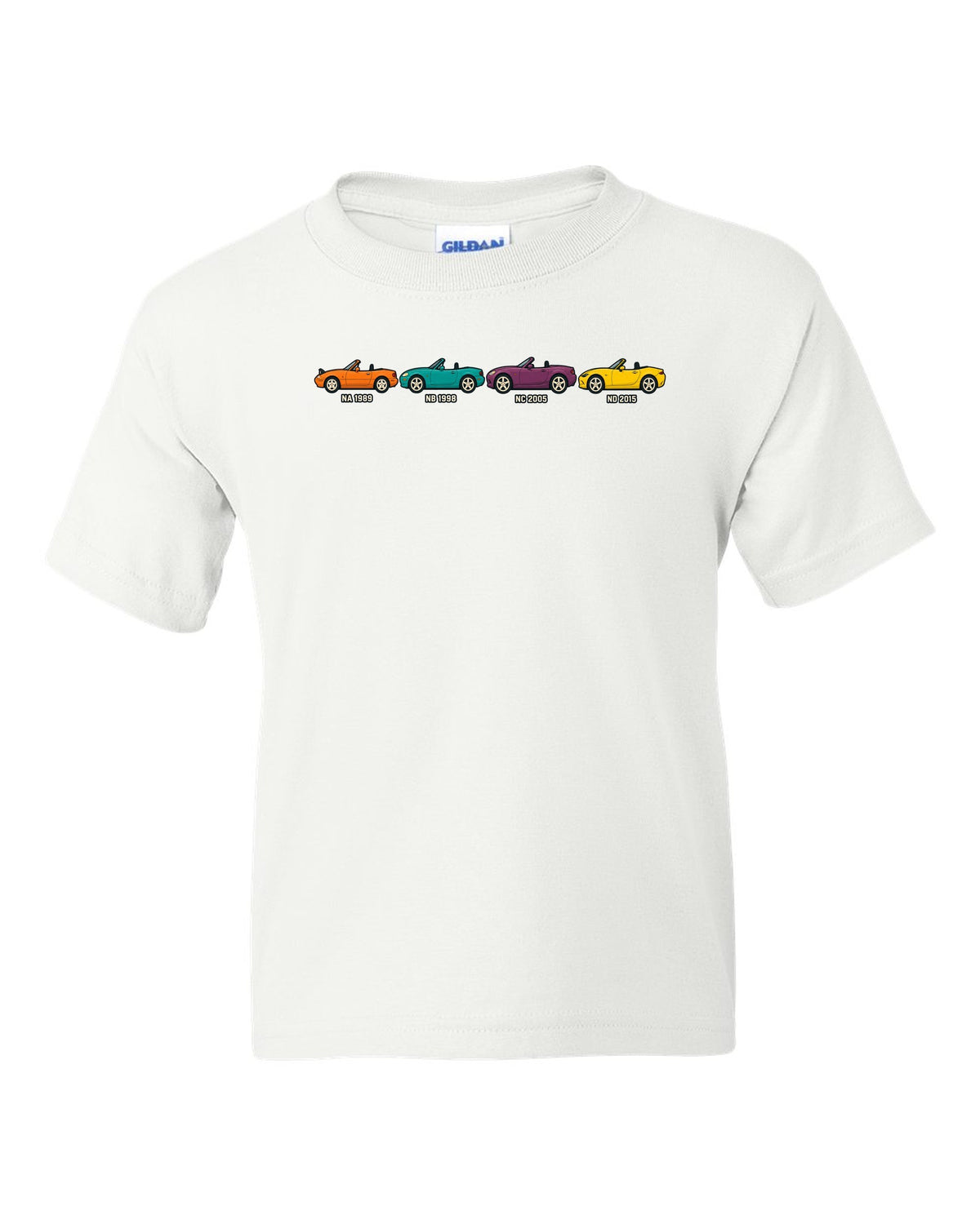 Ukiyo-e woodblock print of a Mazda MX-5 NA roadster taking a hairpin corner white kids tee front view with the design