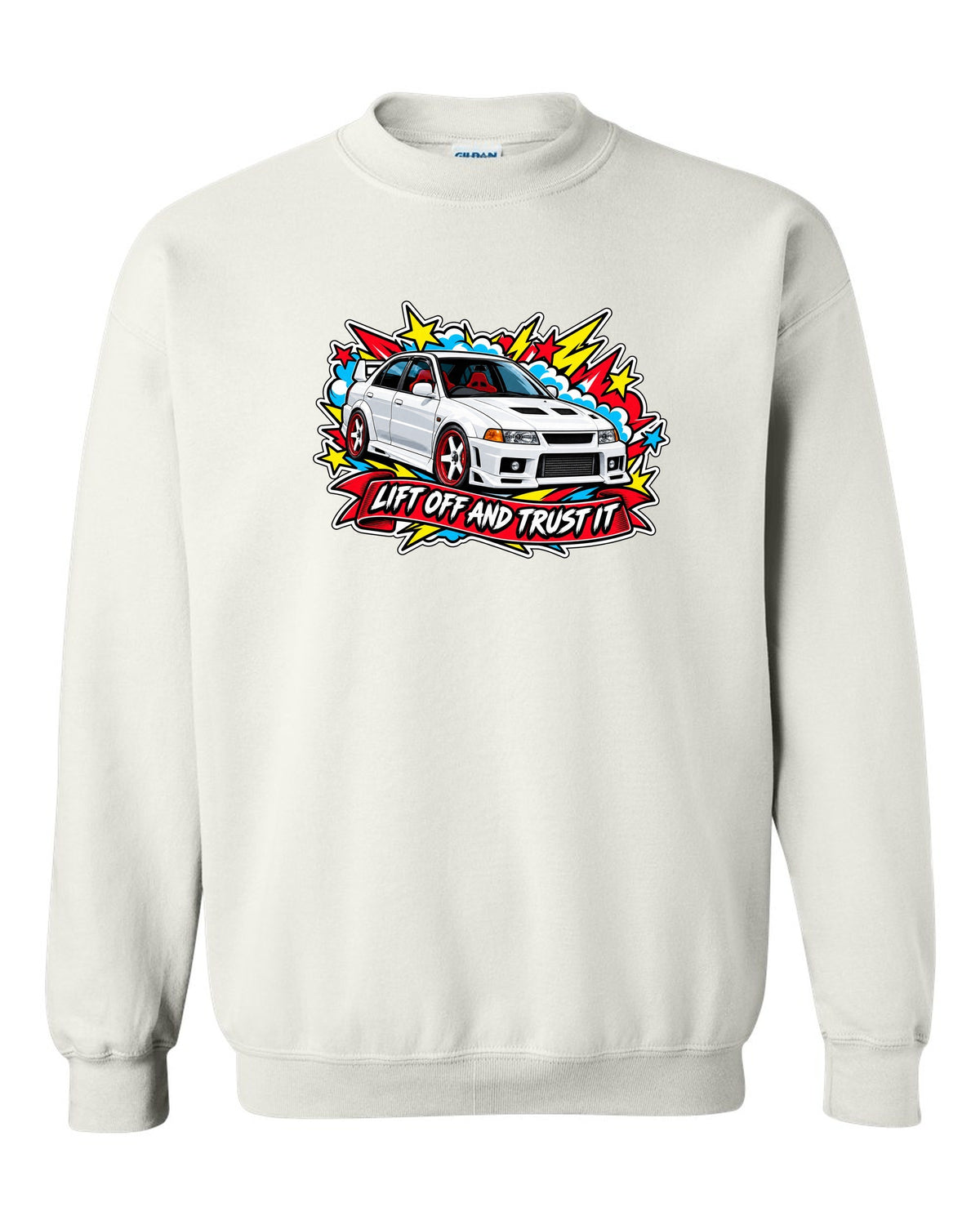 Sticker-bomb collage print for the Mitsubishi Evo VI CP9A with the text lift off and trust it white crewneck front view with the design