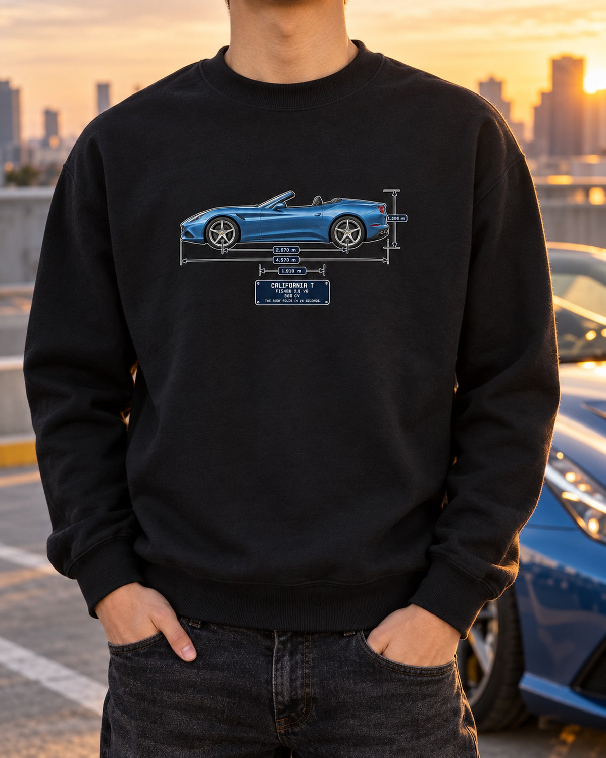 Ferrari California T Dimension Blueprint Shirt, F154BB Crewneck Black worn hero