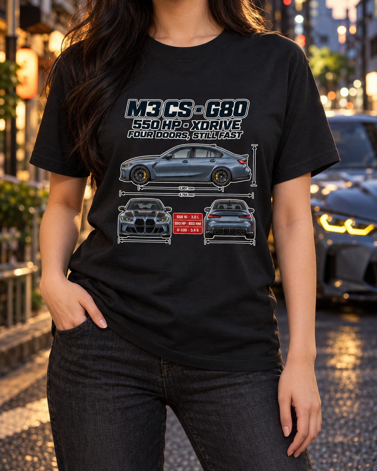 G80 BMW M3 CS Spec Poster Shirt, xDrive Sedan Gift T-Shirt Black worn hero