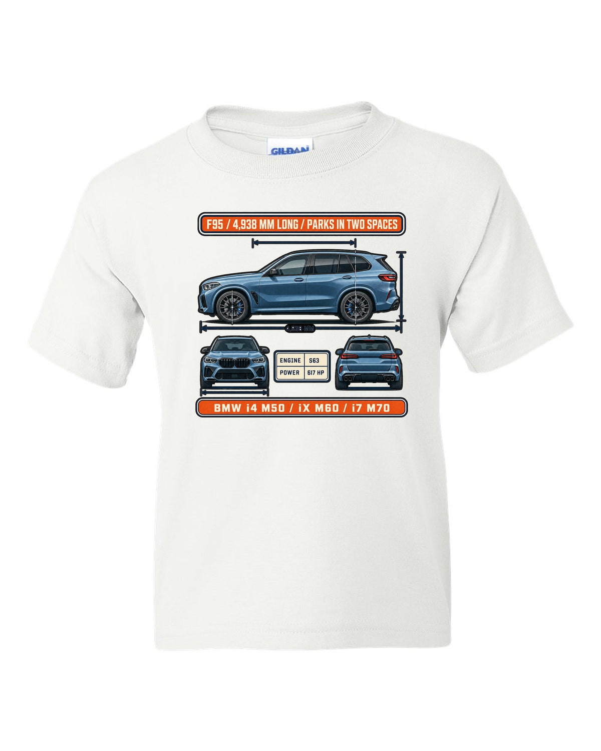 Dimension blueprint print of the BMW X5 M Competition F95 with 4,938 mm length white kids tee front view with the design