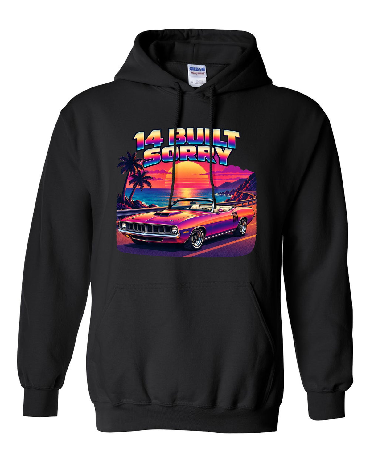 Sunset gradient synth vector print of a 1970 Plymouth Hemi 'Cuda convertible with 14 built text black pull over hoodie front view with the design