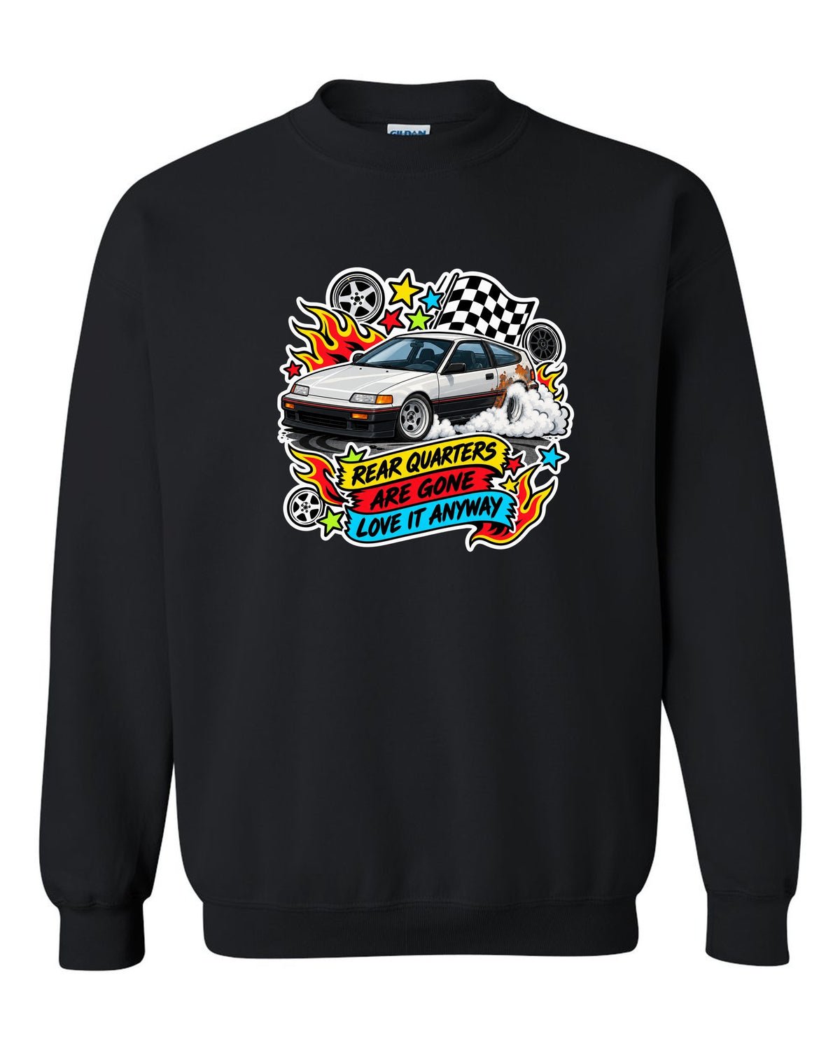Sticker-bomb collage Honda CRX EF8 print with rusted rear quarters joke black crewneck front view with the design