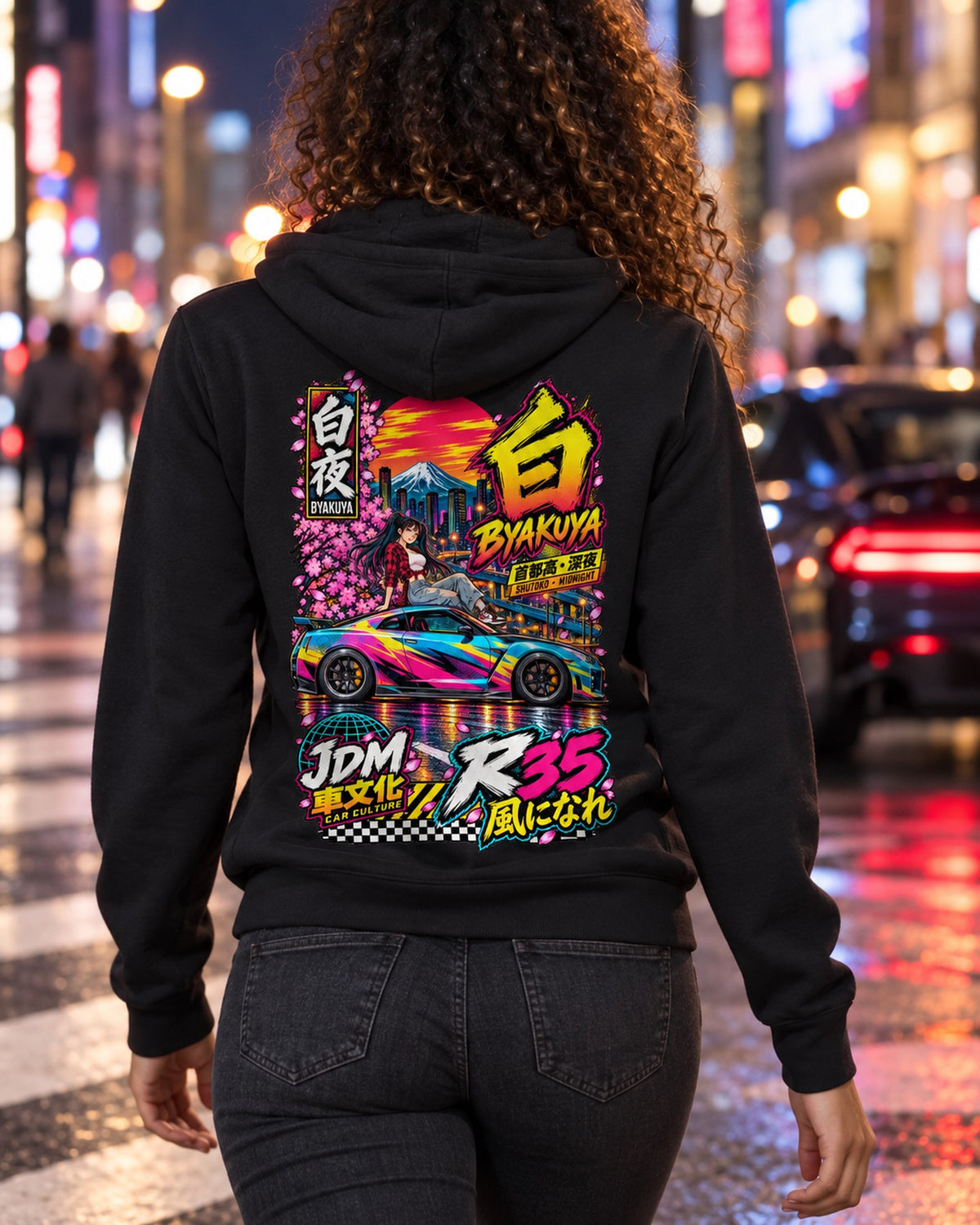 BYAKUYA R35 Anime Girl Full-Back Graphic Tee Zip Hoodie Black worn hero