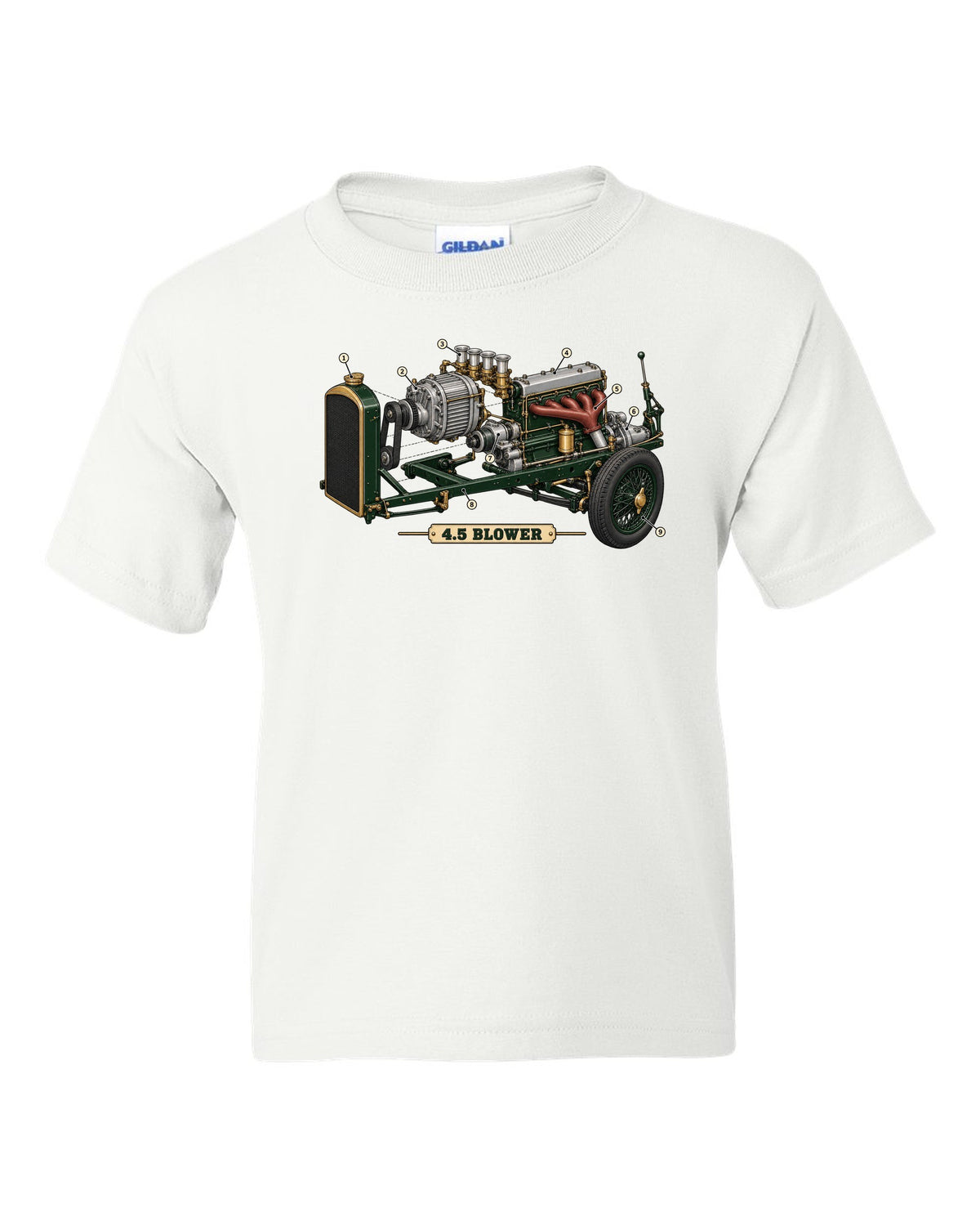 Exploded view diagram of the 1929 Bentley 4.5 Litre Blower supercharged engine with 4.5 BLOWER lettering white kids tee front view with the design