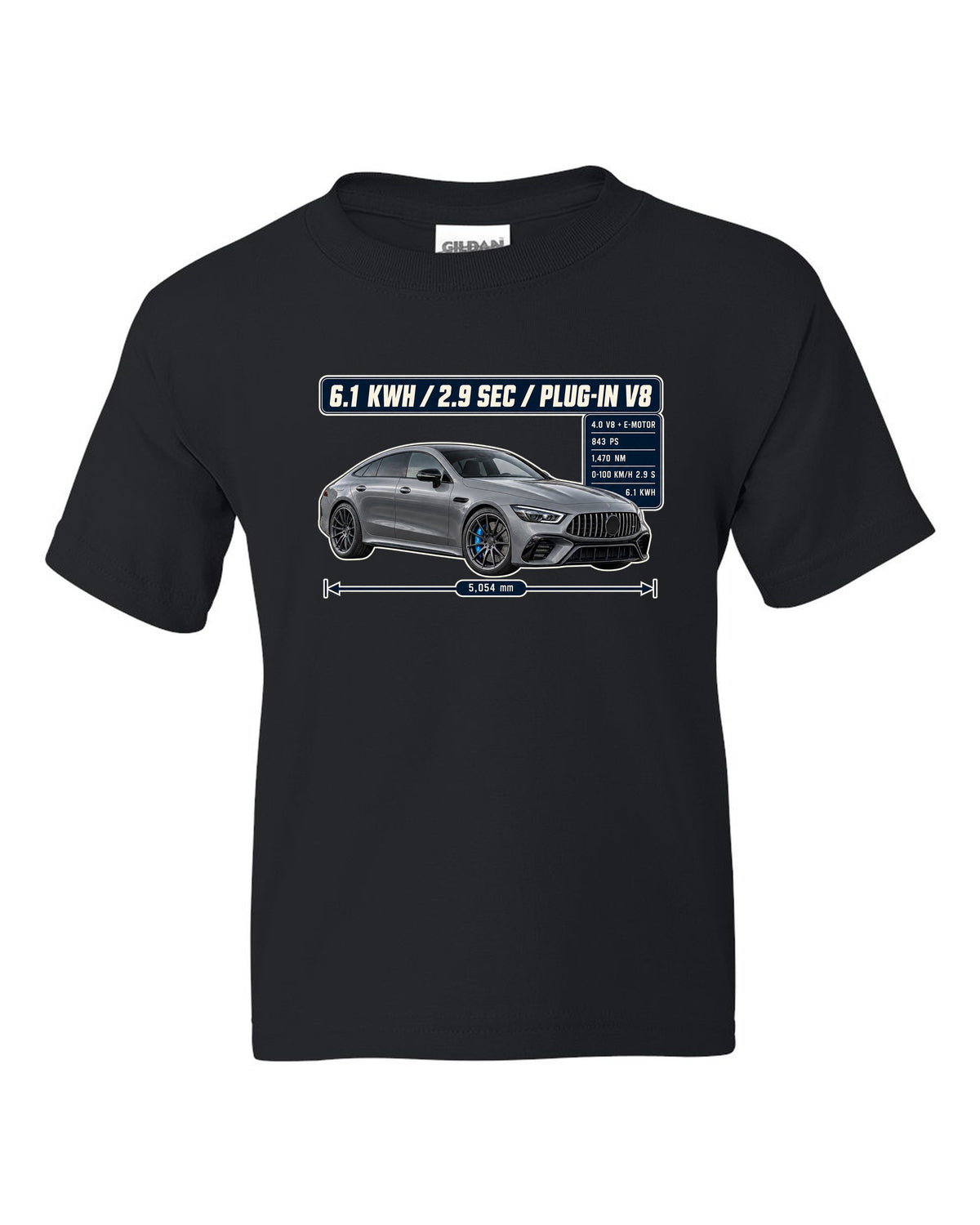 Mercedes-AMG GT 63 S E Performance spec poster design with electric-blue accent black kids tee front view with the design