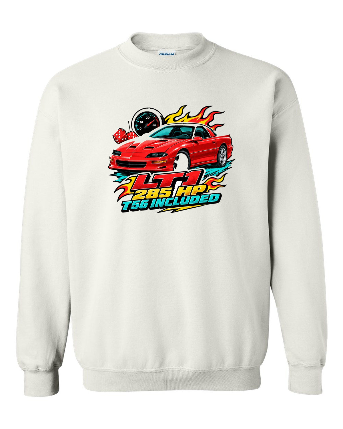 1996 Chevrolet Camaro Z28 LT1 sticker-bomb collage print with 285 HP T56 text white crewneck front view with the design