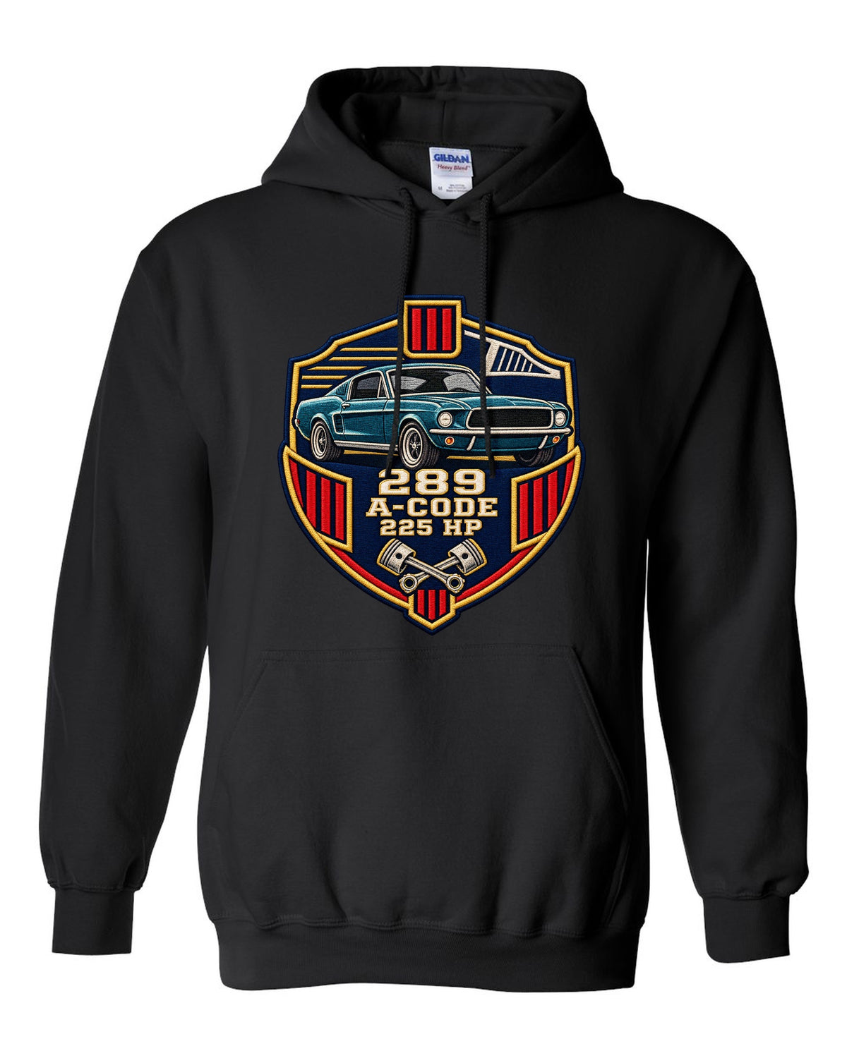 Embroidery-style varsity crest print for a 1967 Ford Mustang fastback A-Code 289 black pull over hoodie front view with the design