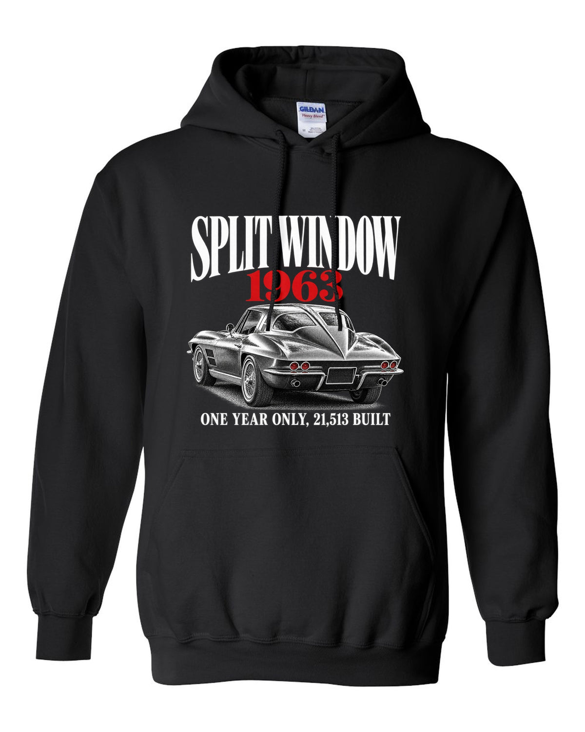 Chevrolet Corvette C2 Sting Ray 1963 split-window coupe editorial print black pull over hoodie front view with the design