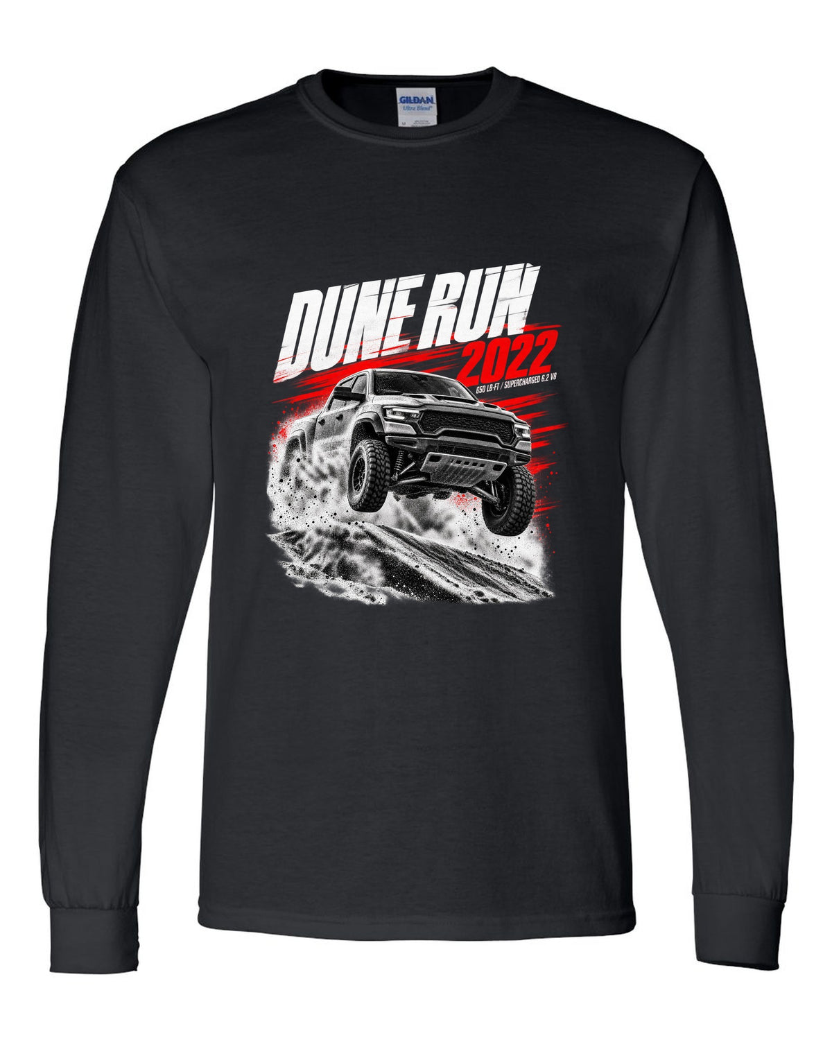 Race poster of a 2022 Ram 1500 TRX jumping a dune with the text Dune Run 2022, 650 lb-ft black long sleeve front view with the design
