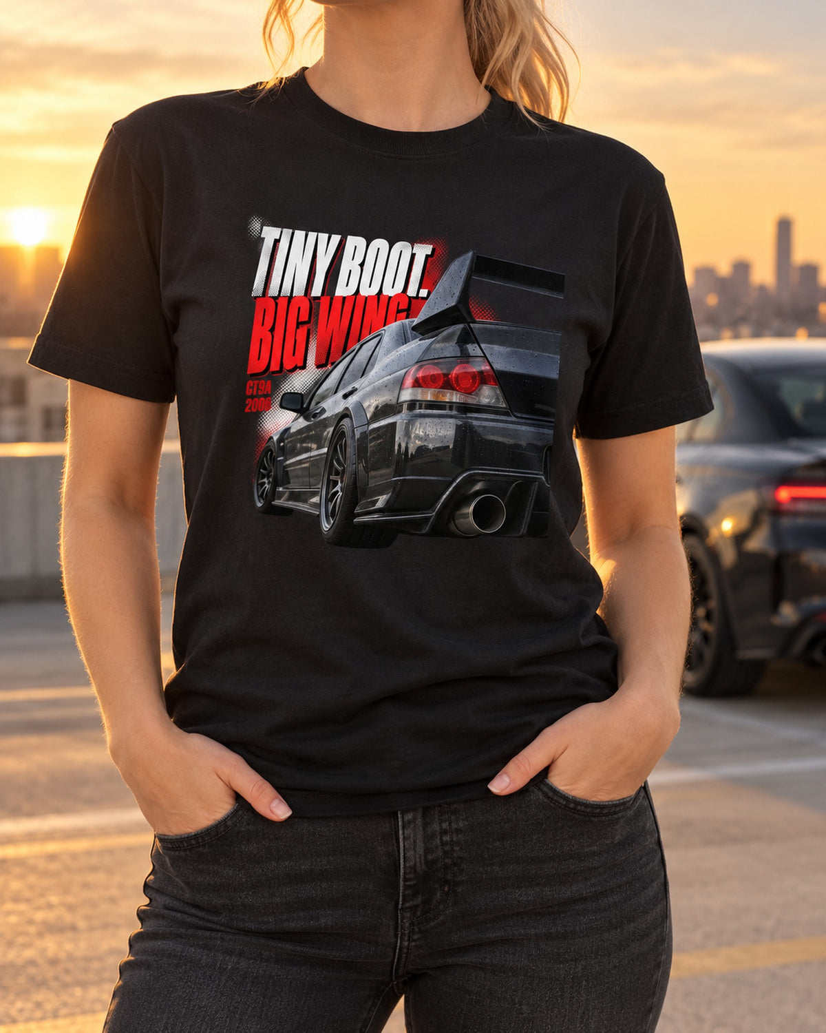 Mitsubishi Lancer Evo IX CT9A Tiny Boot Big Wing Tail Shirt T-Shirt Black worn hero