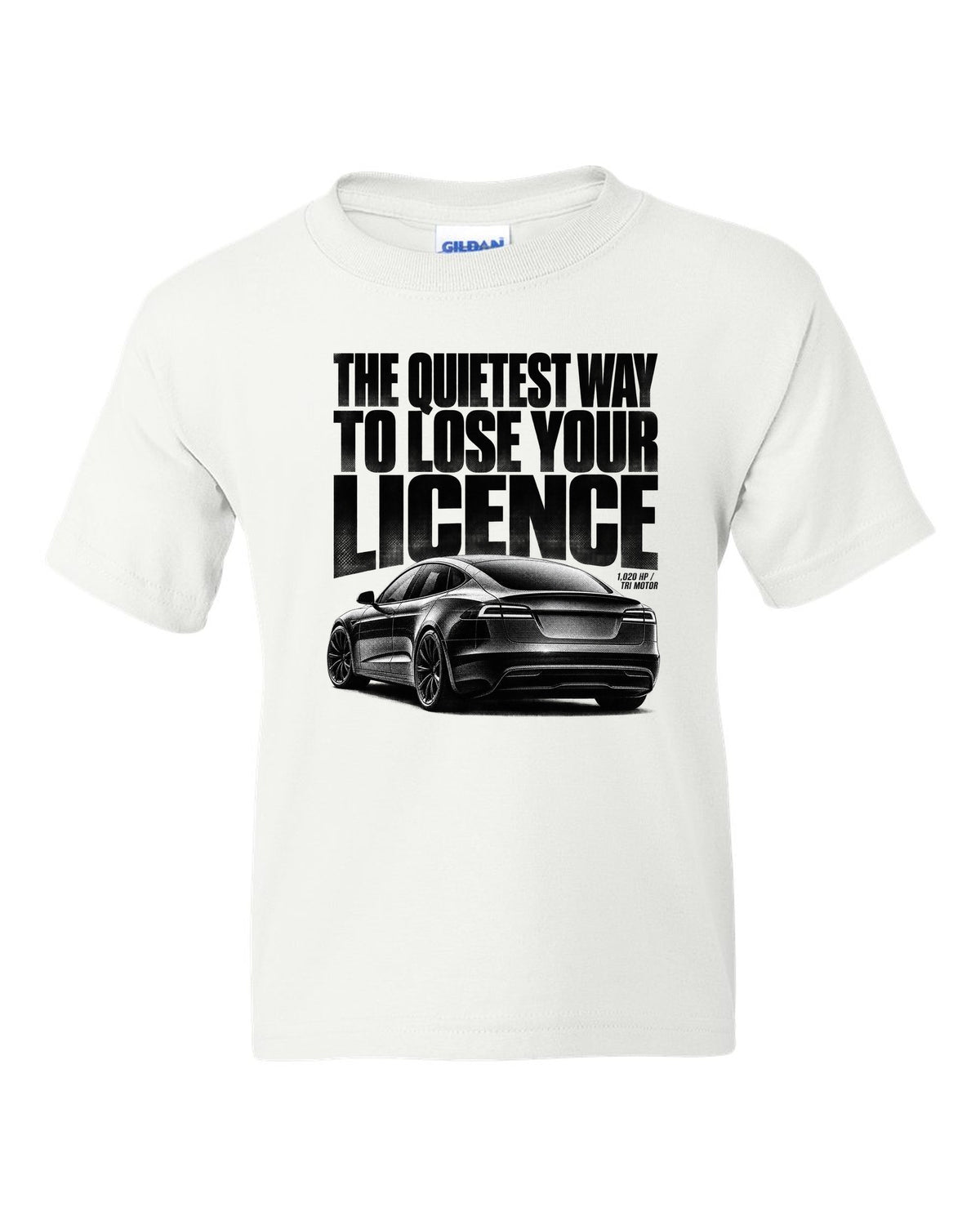 Halftone print of a Tesla Model S Plaid rear three-quarter view white kids tee front view with the design