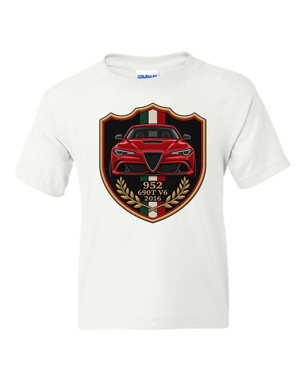 Embroidery style varsity crest for an Alfa Romeo Giulia Quadrifoglio 952 with 690T V6 and 2016 white kids tee front view with the design