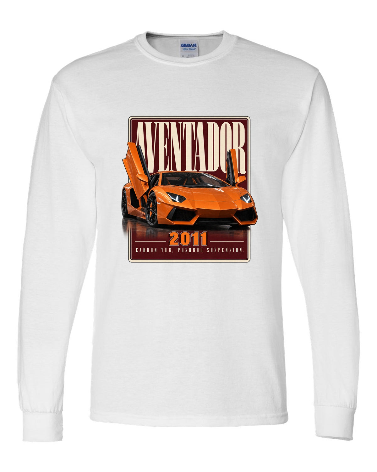 Editorial headline print of the Lamborghini Aventador LP700-4 white long sleeve front view with the design