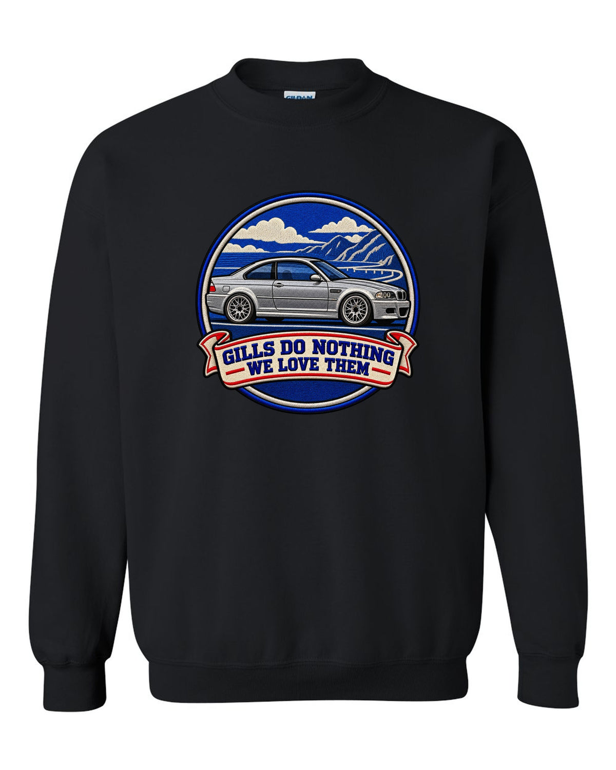 Varsity crest style print of a BMW E46 M3 coupe with gills do nothing we love them text black crewneck front view with the design