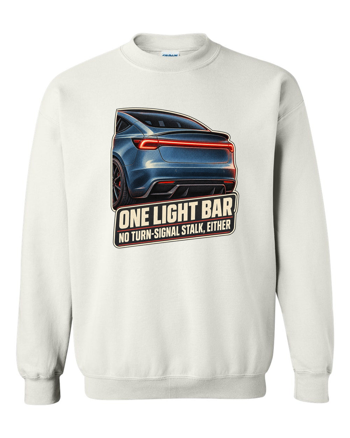 Rear taillight macro print of a Tesla Model 3 Performance Highland with a light bar white crewneck front view with the design