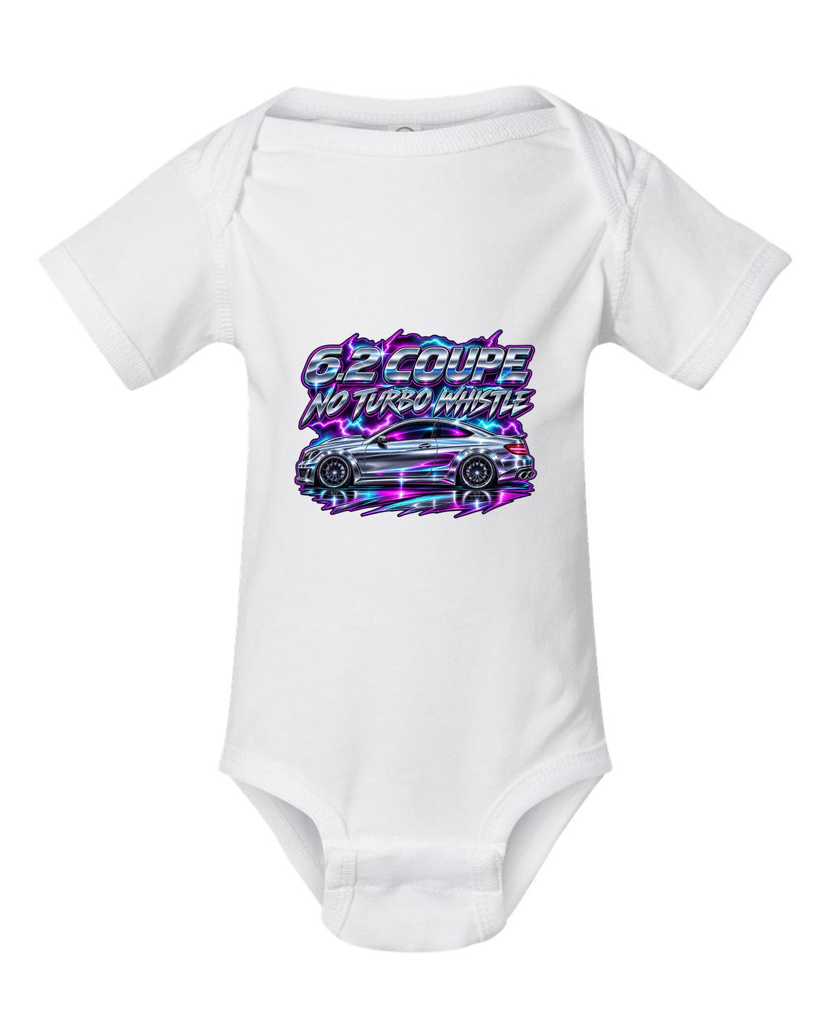 80s chrome airbrush print of a Mercedes C63 Coupe C204 white baby onesie front view with the design