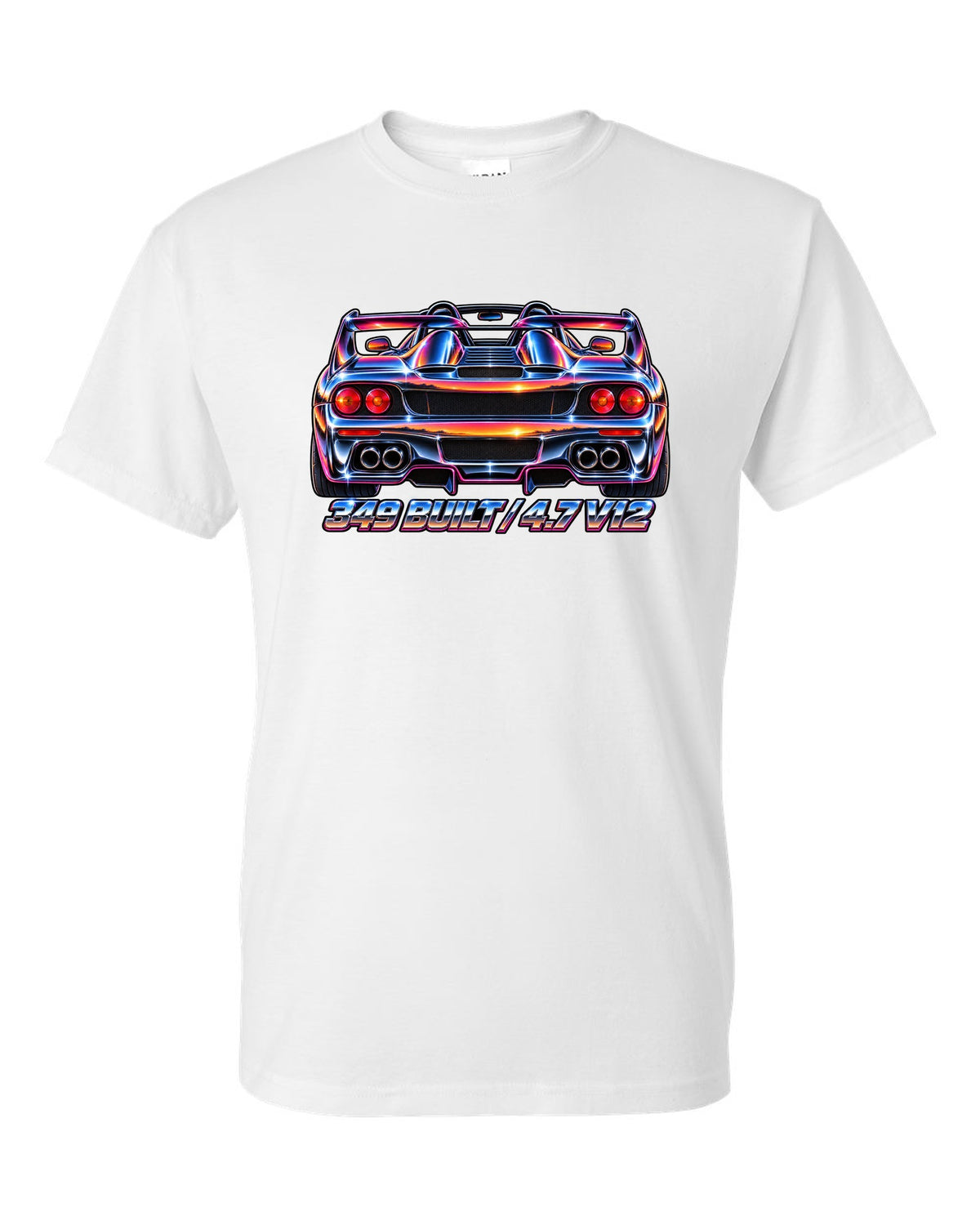 1980s airbrush chrome rear view print of a 1995 Ferrari F50 F130 with 349 built and 4.7 V12 text white t-shirt front view with the design