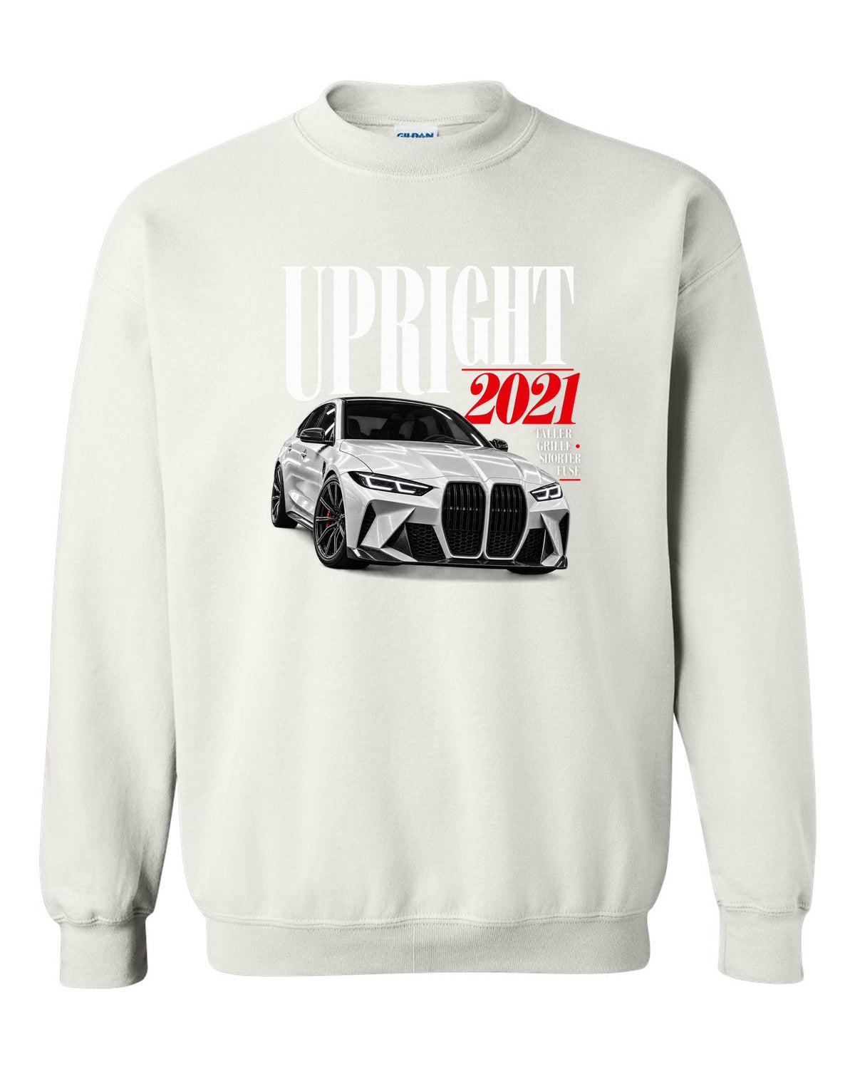BMW G80 M3 editorial print with upright 2021 headline and grille tagline white crewneck front view with the design