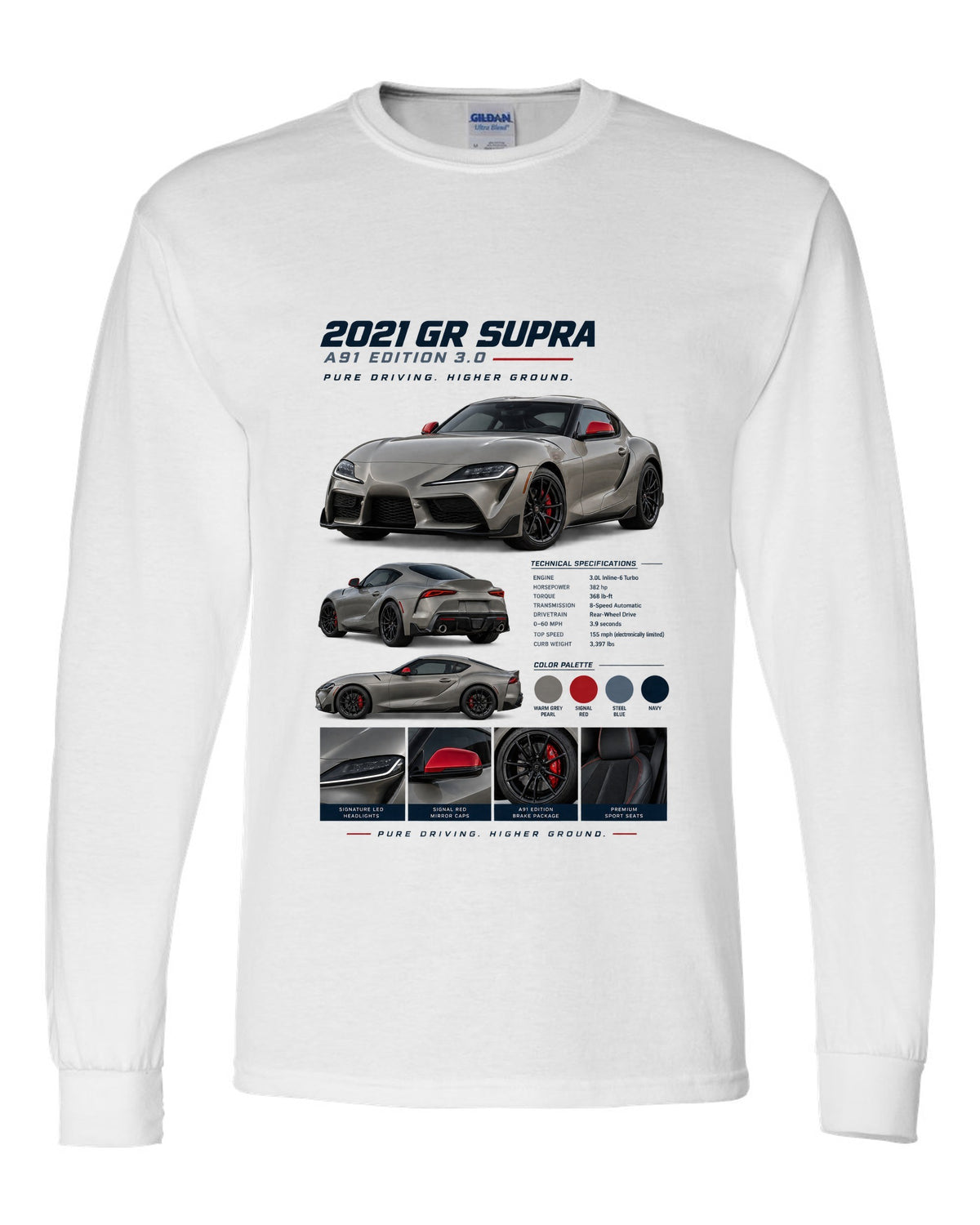Dossier panel layout of the 2021 Toyota GR Supra A91 Edition in warm grey pearl with red mirror caps white long sleeve front view with the design