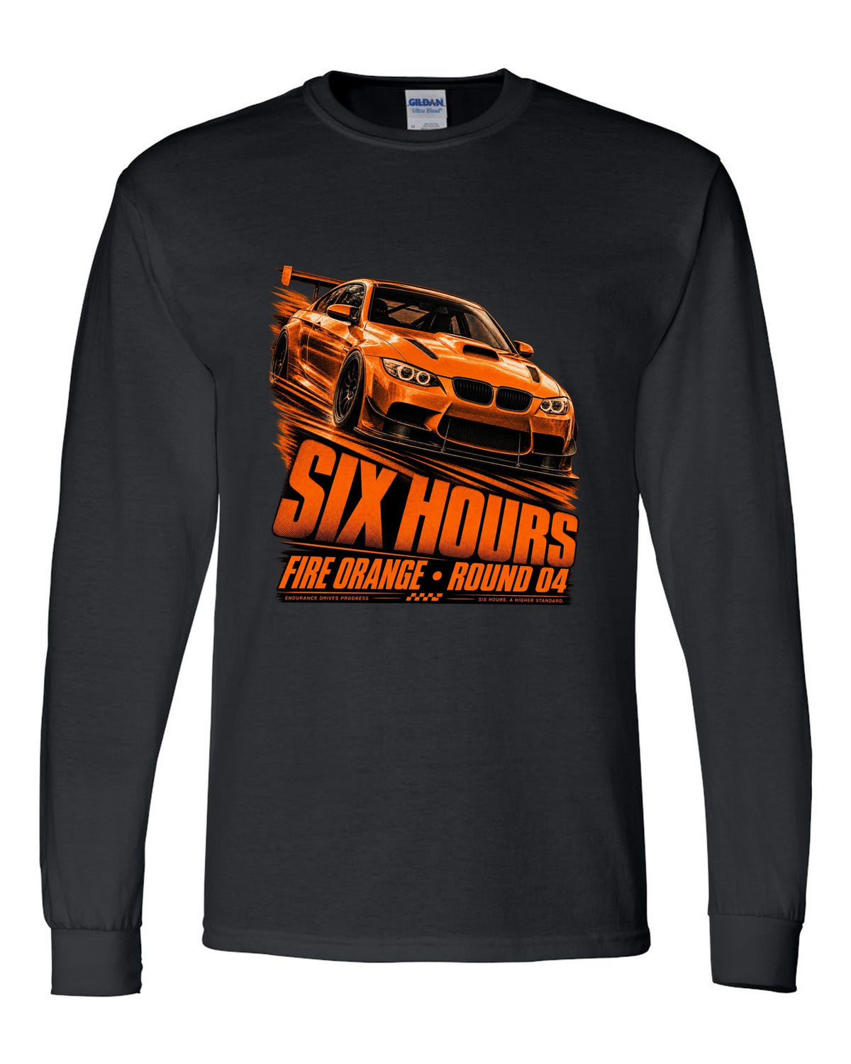 BMW E92 M3 GTS race poster print with Fire Orange round four lettering black long sleeve front view with the design