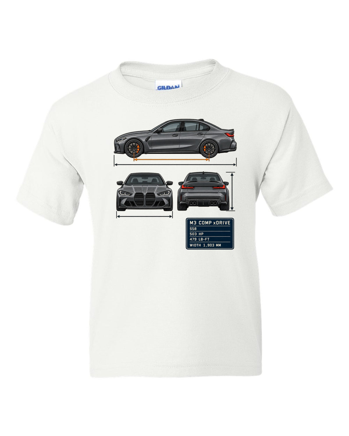 BMW M3 Competition xDrive G80 three-view drawing with spec table print white kids tee front view with the design