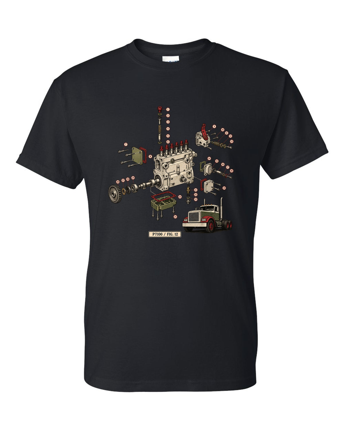 Vintage service-manual exploded diagram print of a Bosch P7100 injection pump from a 1994-1998 Ram 12V black t-shirt front view with the design