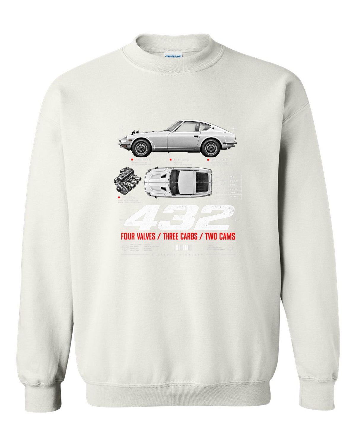 print spec poster of a 1970 Datsun Fairlady Z432 PS30 in profile and top-down view white crewneck front view with the design