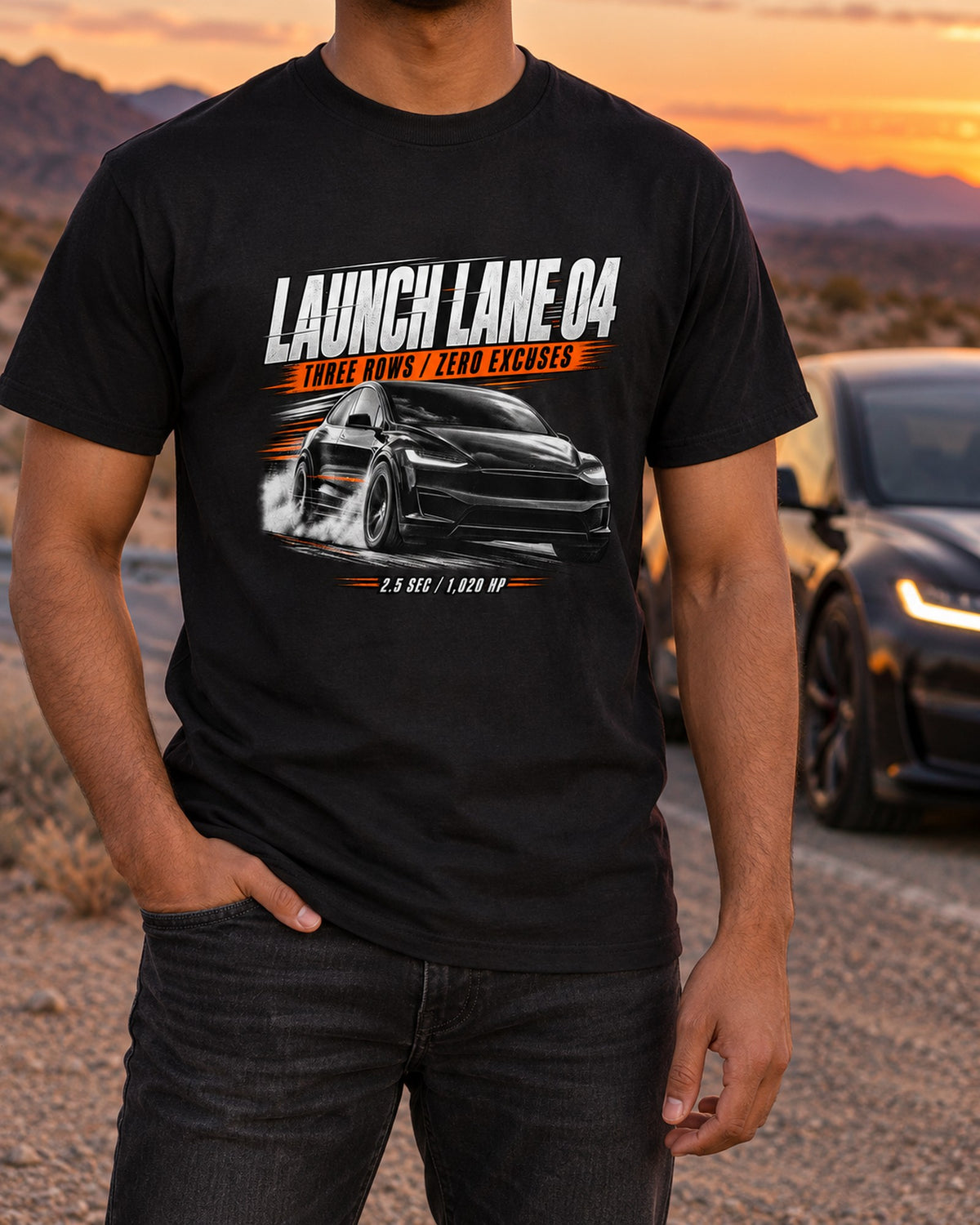 Tesla Model X Plaid Launch Lane 04 Race Poster Tee, Falcon Wing T-Shirt Black worn hero