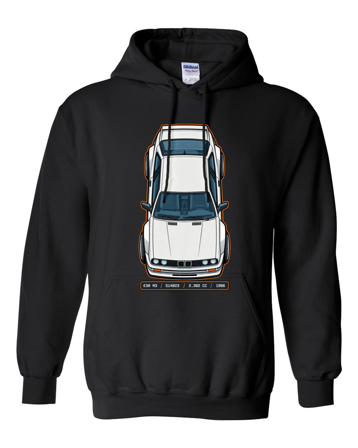 Top view spec sheet print of a BMW E30 M3 with S14B23 2,302 cc 1986 data plate text black pull over hoodie front view with the design